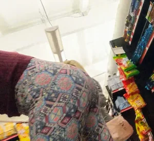 Sexy blonde with a nice ass in unique patterned leggings