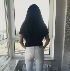 Tattooed Skinny Girl Standing by the Window Tight Jeans Home Creepshot