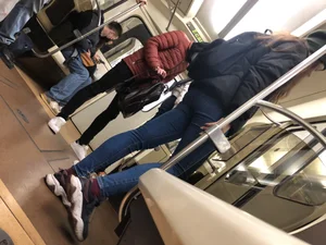 Nice Thin Legs and Small Booty in Blue Tight Jeans in the Subway Train Candid Pics