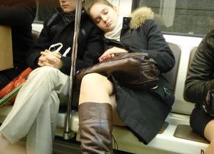 Sexy girls in skirts, stockings and upskirts on the train