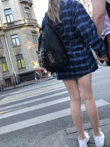 Candid teen with hot slim legs at the crosswalk street creepshots