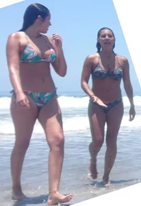 Thick and skinny sexy friends on the beach in bikinis