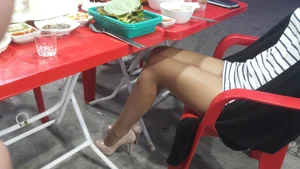 Sexy Legs in Pantyhose and Shoes On High Heels Under Cafe Table Street Creepshot
