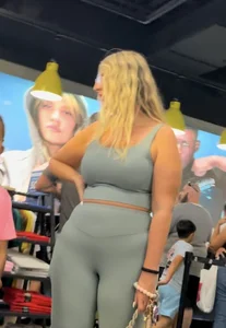 Plump Dumpy Blonde MILF in turquoise two-piece Spandex