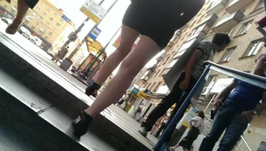 Hot Girl Walking Up the Stairs, Great Long Legs And Mini Skirt