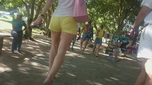 Milf in yellow shorts with vpl and a wedgie