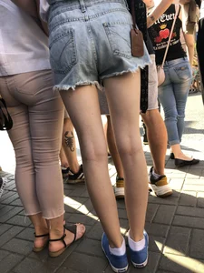 Skinny Legs in Denim Shorts City Street Candid Pics