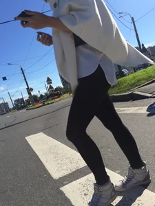 Blonde Girl With Fit Muscular Legs in Tight Black Jeans and Sneakers on a Crosswalk  - Street Creepshots Collection