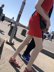 Girl in a Red Dress and Sandals With Thin, Pale Legs on the Crosswalk City Creepshots Gallery