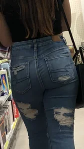 Thicc brunette in tight jeans has a little captain in her
