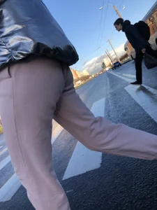 Booty in Pink Pants Crossing the Street