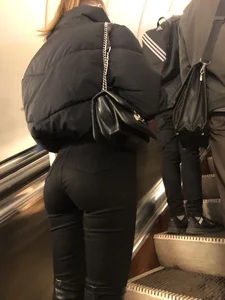 Perfect Butt in Tight Black Pants And Leather Knee-High Boots on a Subway Escalator Closeup Creepshots Collection