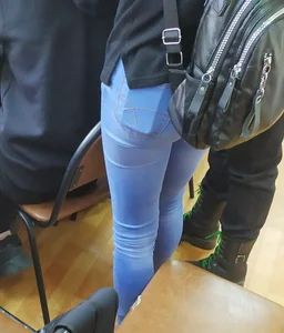Hot Long Legs in Blue Skinny Shorts College Auditorium Creepshot
