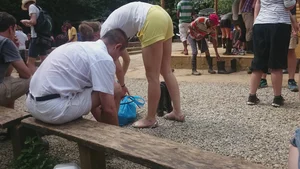 Milf in yellow shorts with vpl and a wedgie