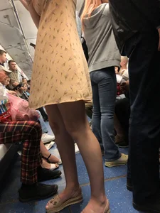 Cute Girl in a Dress with Skinny Legs in Sandals Subway Train Candid Photo