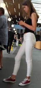 Cute Skinny Girl in Tight White Jeans Creepshot