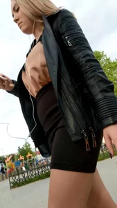 Amazing candid girl's legs closeups on the street: wearing a mini-skirt and high-heeled shoes