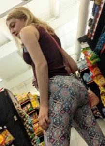 Sexy blonde with a nice ass in unique patterned leggings