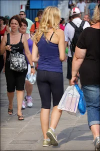 Blonde girl with a nice ass and vpl in leggings