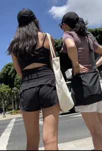 Skinny Chinese in lululemon shorts, leggy