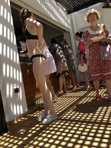 Skinny Girl with Pale Skin in Black Swimsuit Creepshot