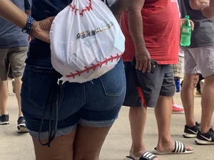 Bunch of girls in various outfits at a Cardinals baseball game