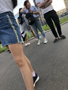 Girl in Denim Skirt with Hot Skinny Legs Street Candid