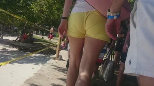 Milf in yellow shorts with vpl and a wedgie