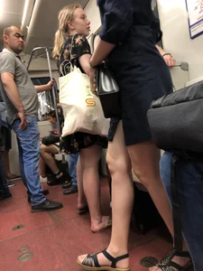 Blonde with Hot Long Legs in Sandals and a Dress Subway Train Candid