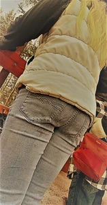 Teen in grey jeans closeup creepshots, flat ass