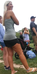 Blonde Candid Milf in Shorts and Sandals in a Park Creepshots Gallery
