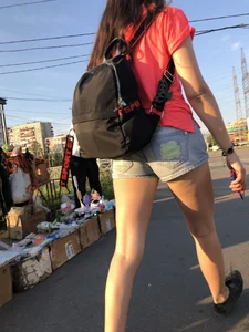 Girl with Great Legs in Denim Shorts Street Candid Photos