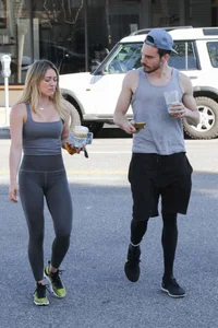 Hilary Duff in grey tights leaving Alfreds Coffee in Studio City