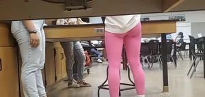 Blonde candid college teen wearing pink leggings, sneaky photos in class