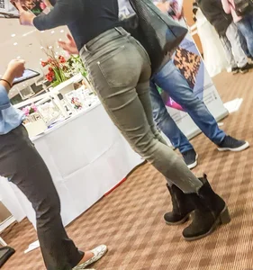 Blonde butt in tight gray jeans