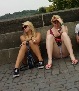 Blonde Girls In Sunglasses Sitting on the Street - Spread Legs in Denim Mini Shorts Creepshot