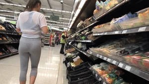 Candid Teen in Grey Tights at the Supermarket VPL Photo