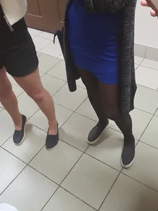 Blonde College Girl's Legs in Black Pantyhose - Short Blue Dress Creepshots