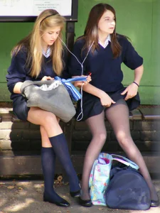 JB Teens Sitting on Bus Stop Creepshot - Uniform Dress and Hot Skinny Legs