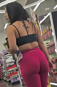 Fat ass shorty Asian with dark pink Alphalete at the