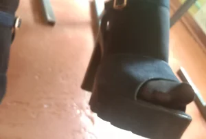 Candid Teen’s Foot in High Heeled Platform Sandals And Black Pantyhose