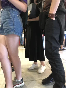 Hot Bare Legs in Blue Denim Shorts Closeup Candid Pics Gallery in the Cafe Line