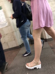 Girl in Sandals and Pink Dress with Hot Skinny Legs Subway Creepshots