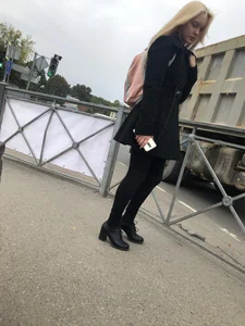 Cute Smoking Hot Blonde in High-Heeled Shoes and Tight Pants on the Crosswalk Candid Photo Collection