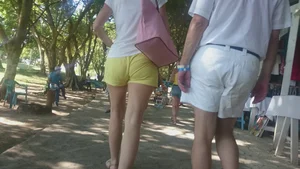 Milf in yellow shorts with vpl and a wedgie