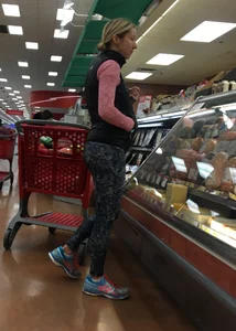 Skinny blonde milf grocery shopping in leggings