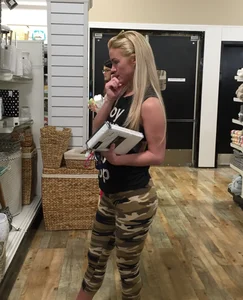 Hot Blonde in Camo Yoga Pants at the Store Closeup Creepshots
