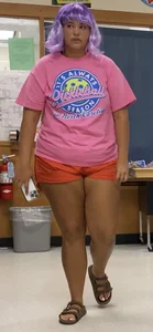 Chubby candid college girl in shorts and slippers class creepshots, purple hair
