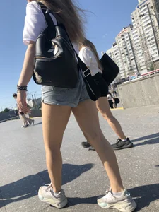 Stocky Girls in Denim Shorts on the Street Stairs Nice Legs Candid Photos