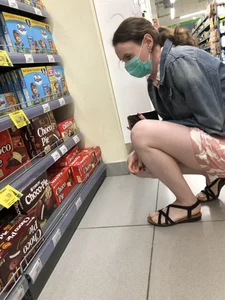 Young Milf in a Mask, Skirt And Sandals With Very Pale Skin Supermarket Creepshot